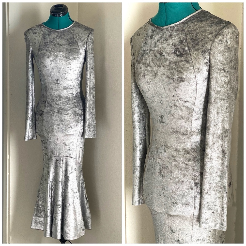 Petersyn Velvet Velour Bodycon Mermaid  Silver Maxi Dress Size XS